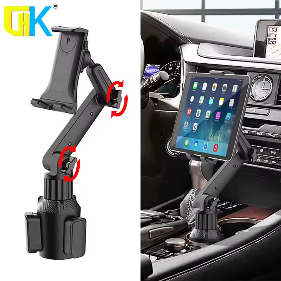 HKGK Universal 360 Car Cup Holder Tablet Automobile Mount Cradle for iPad Pro 12.9 Air 2019 Mini 4 for Samsung tab S7 plus 12.4