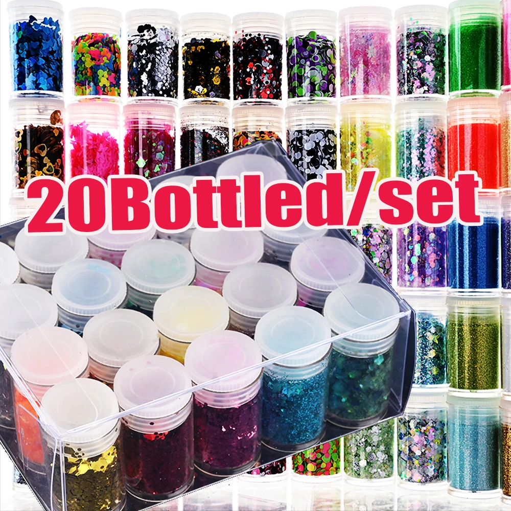 20 engarrafado/kit profissional holográfico grosso glitter lantejoulas cores misturadas flocos brilhantes fatias lantejoulas diy arco-íris corpo lantejoulas