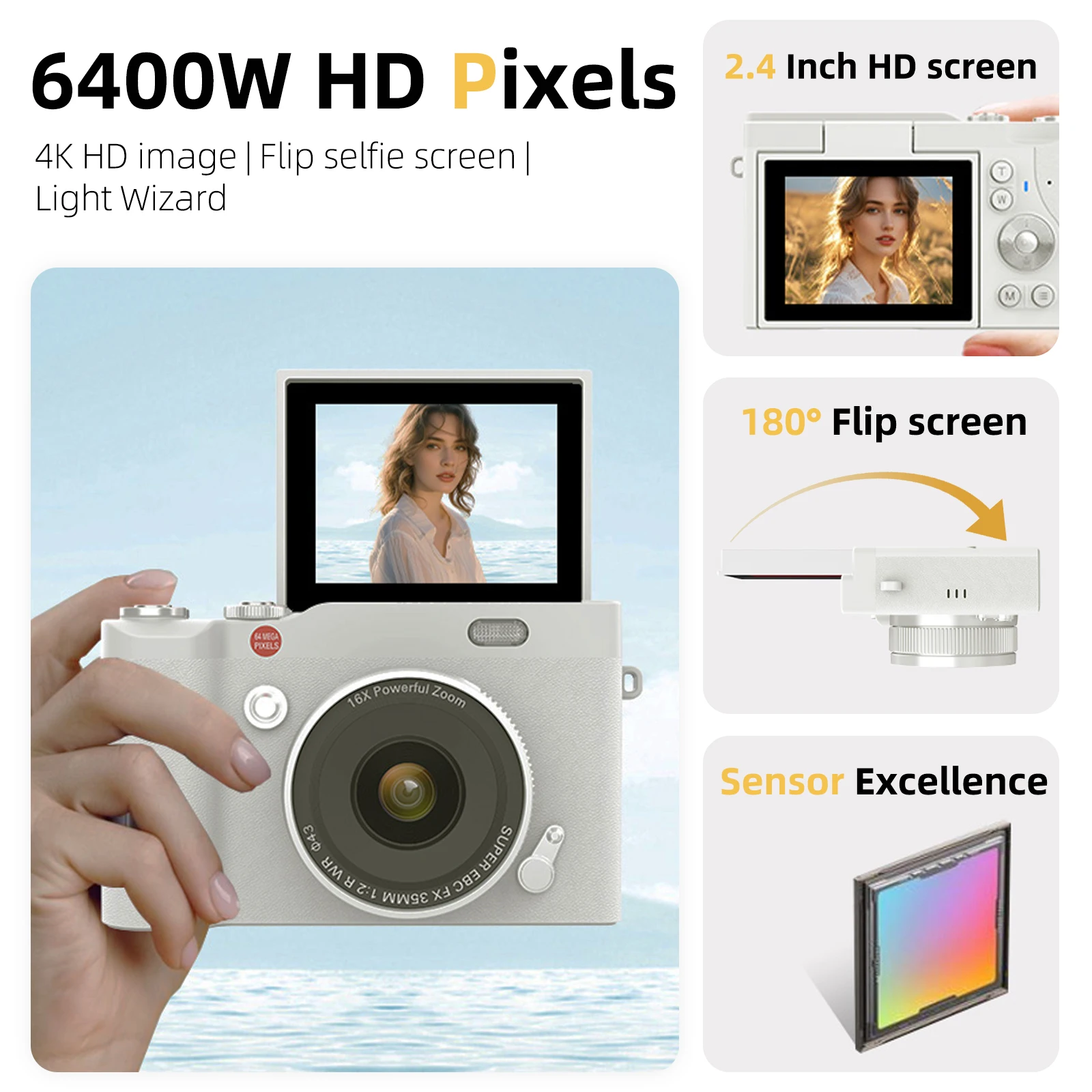 Digital Camera 4K Full HD Video Retro Style Portable for Students Kids Gift High Resolution Compact Toy Camera