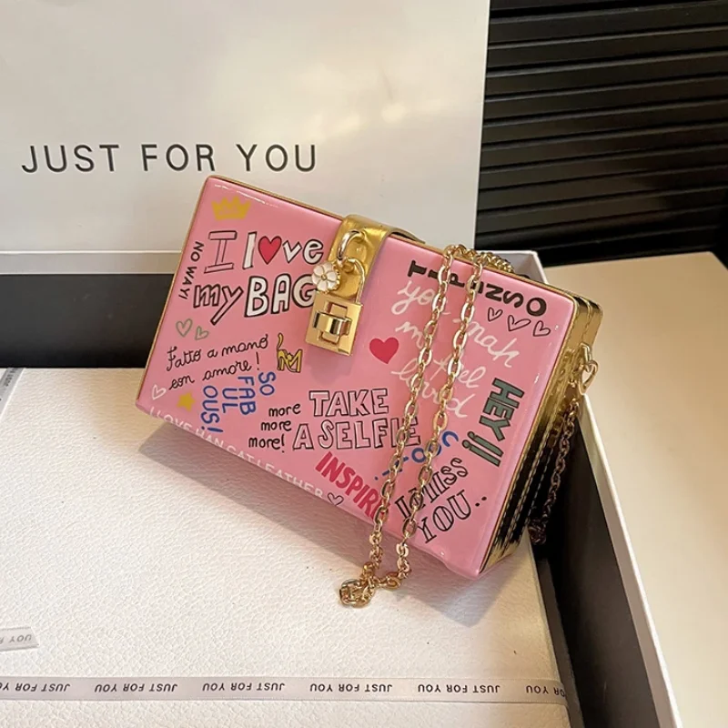 Graffiti Small Square Bags for Women 2023 Trend Letter Cartoon Cute Crossbody Bag Hip Hop Fashion Chain Box Shoulder Bag Ladies