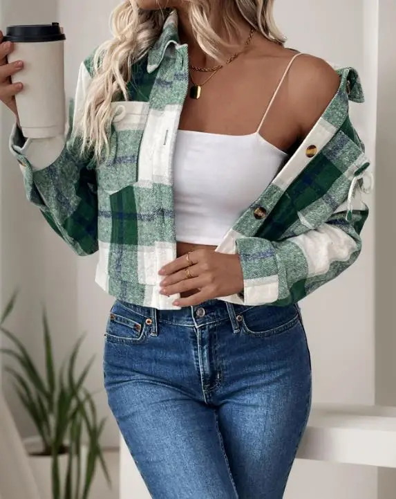 Veste ample à col rabattu pour femme, nouvelle mode décontractée, Style rétro, chemise à carreaux, automne/hiver 2025