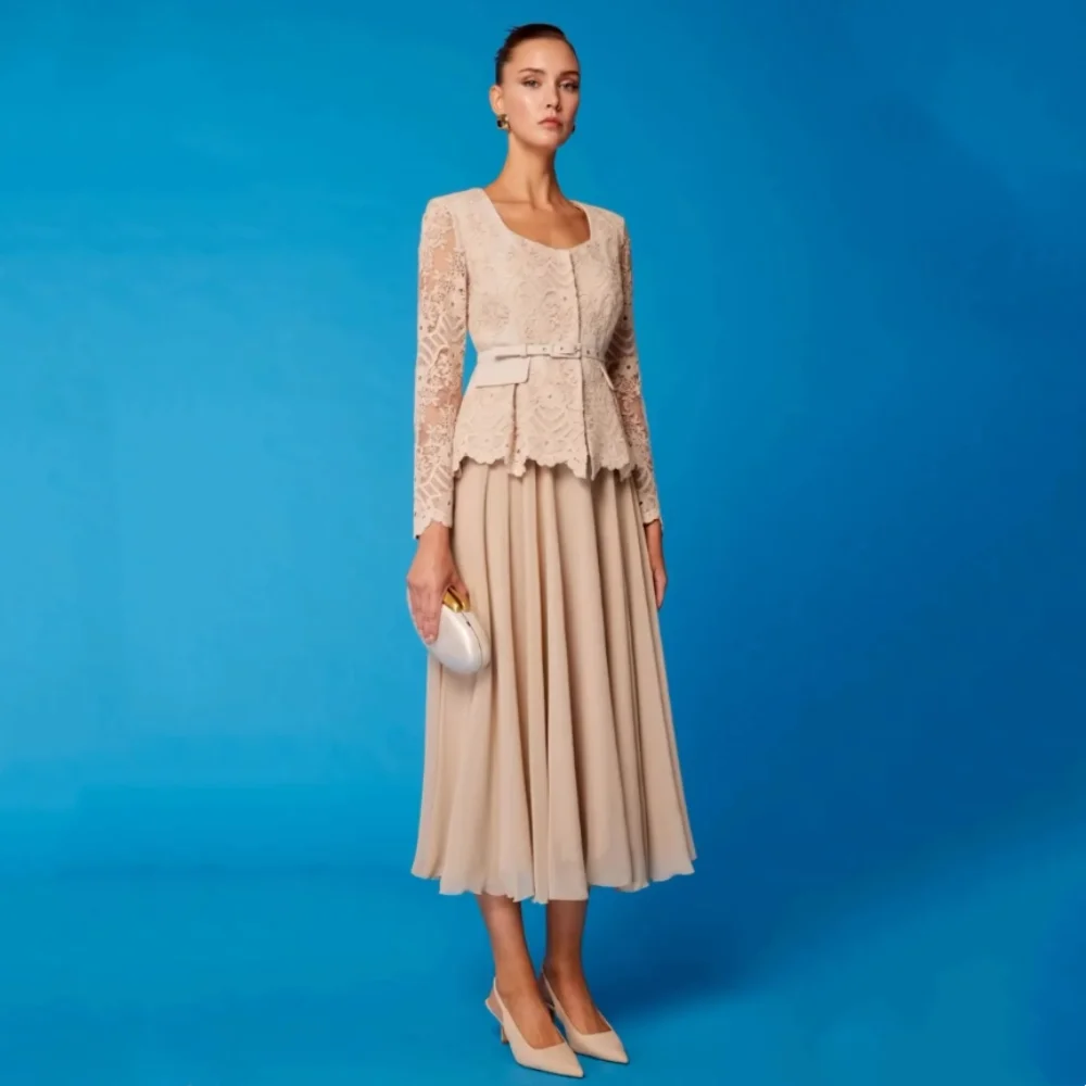 

Элегантное кружевное платье миди с длинными рукавами, круглым вырезом, поясом и плиссировкой, А-силуэт, для вечеринок, для матери невесты, классическое, нарядное.