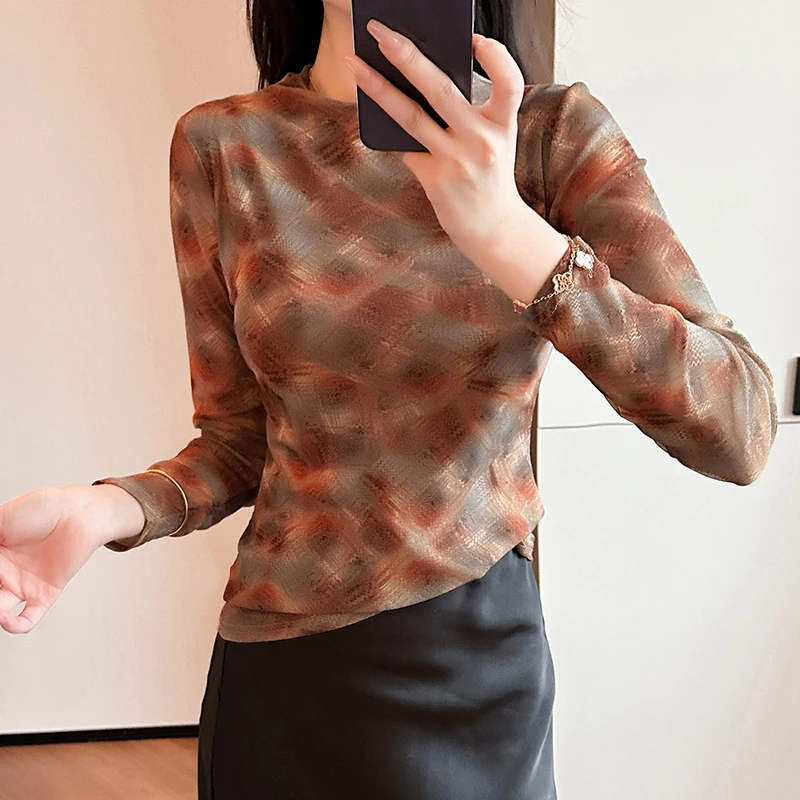 Y2K Mesh Top Women High Neck Stretch Long Sleeve Printed Shirt Autumn Winter Fashion Photographed