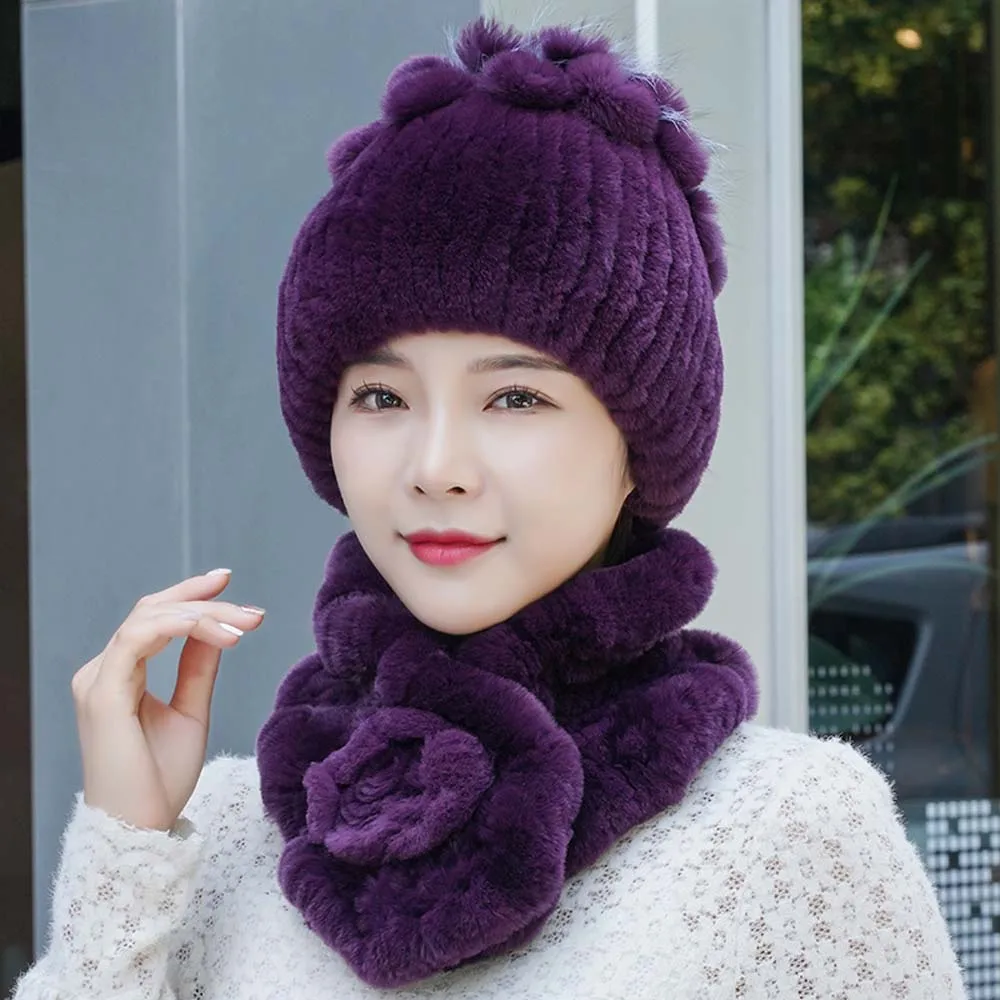ชุดหมวกไหมพรมขนกระต่ายเร็กซ์ 2 ชิ้น ผ้าพันคอขนกระต่ายเร็กซ์ธรรมชาติ สำหรับผู้หญิง สไตล์ใหม่ ปี 2025 อุ่นสบายสำหรับฤดูหนาว