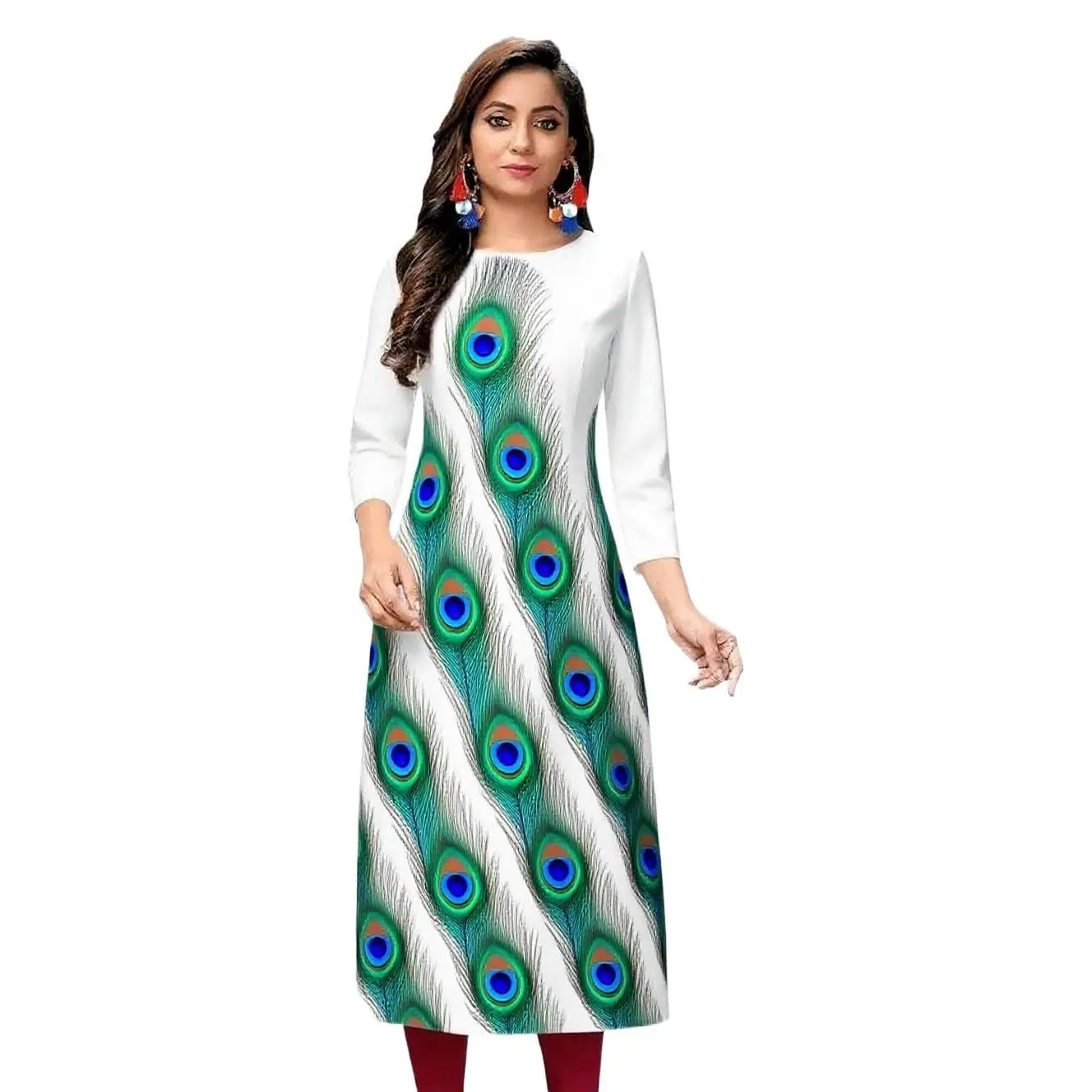 Kurt women's casual fashion dress long sleeved straight tube casual ethnic peacock round neck regular size design sense 2026