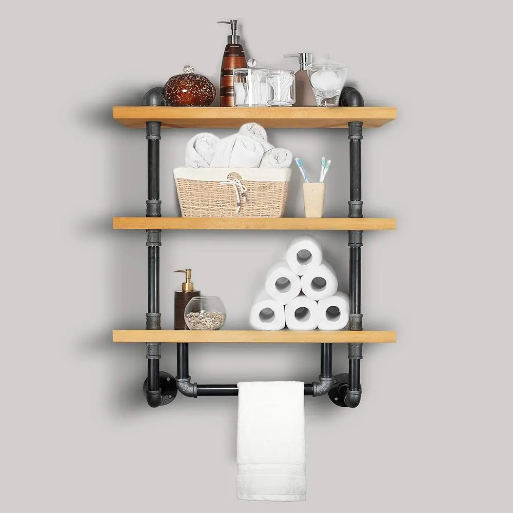 

Плавающие деревянные полки в стиле ретро «сделай сам» с вешалкой для полотенец, 3-уровневая промышленная вешалка для труб, включает 3 доски