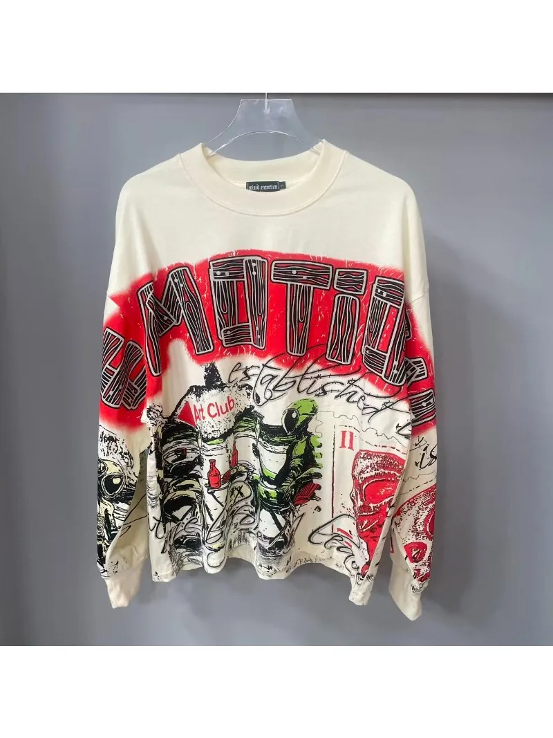 High Quality Designer MIXED-EMOTION Long sleeved T-shirt 100% cotton men's and women's Vintage Printed High Street Trendy Fashion Hip Hop T-shirt hoodie sweatshirt Pullover image 6