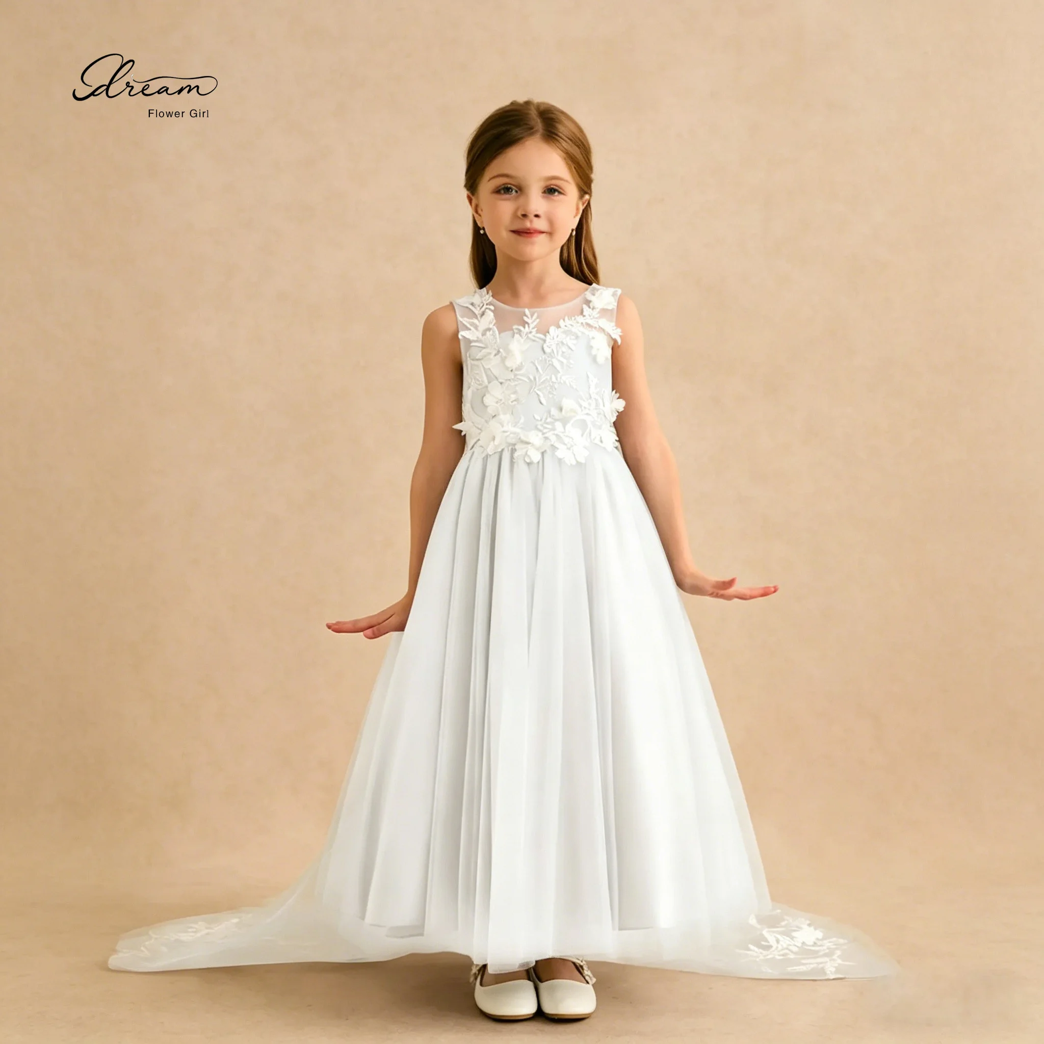 White Flower Girl Dress Sleeveless Lace Applique Illusion Neckline Tulle Skirt Train Kids Wedding Party First Communion Pageant