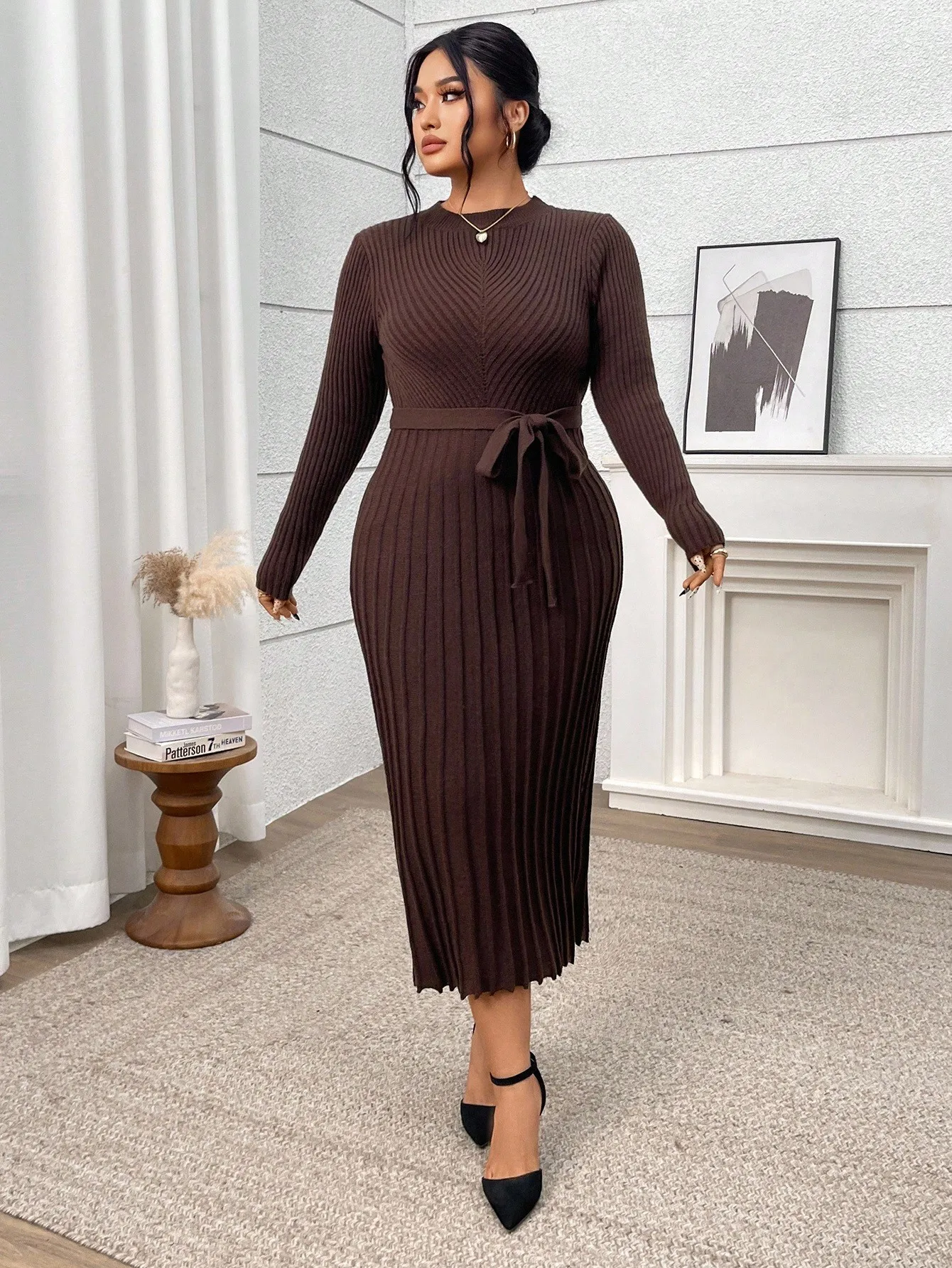 

Платье миди в рубчик с поясом, с длинным рукавом и круглым вырезом, больших размеров, для осени и зимы