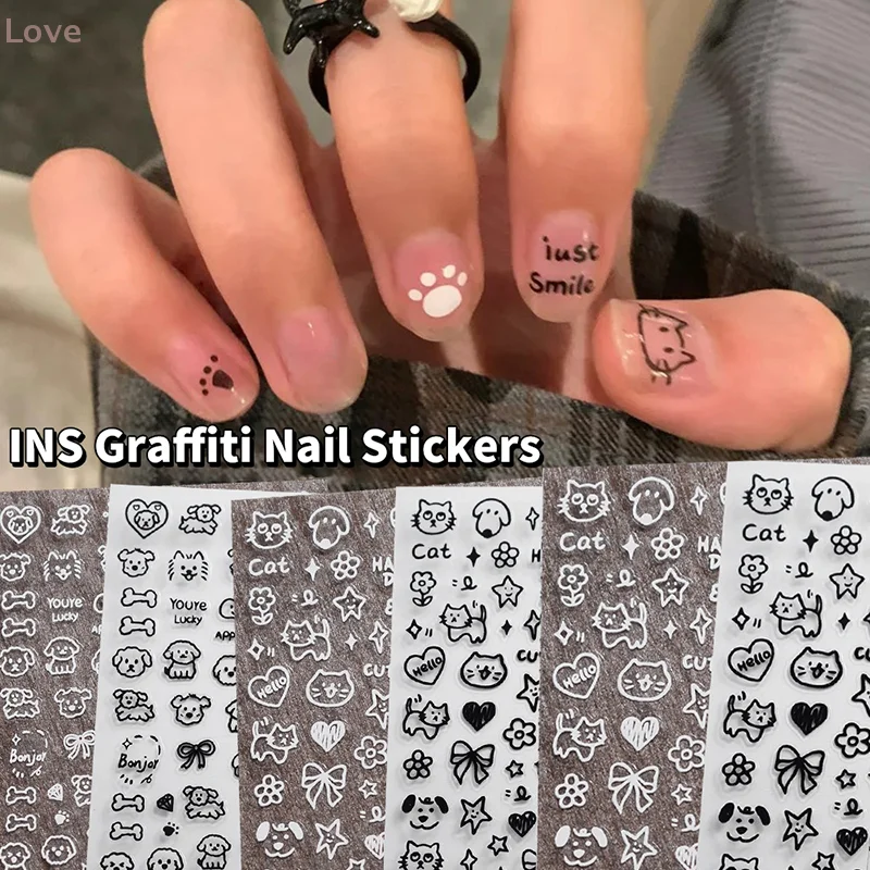 Autocollant pour ongles de chats noirs de dessin animé, peinture Graffiti, chaton mignon, décalcomanies Design de couleur noir et blanc, décor pour Nail Art pour femmes