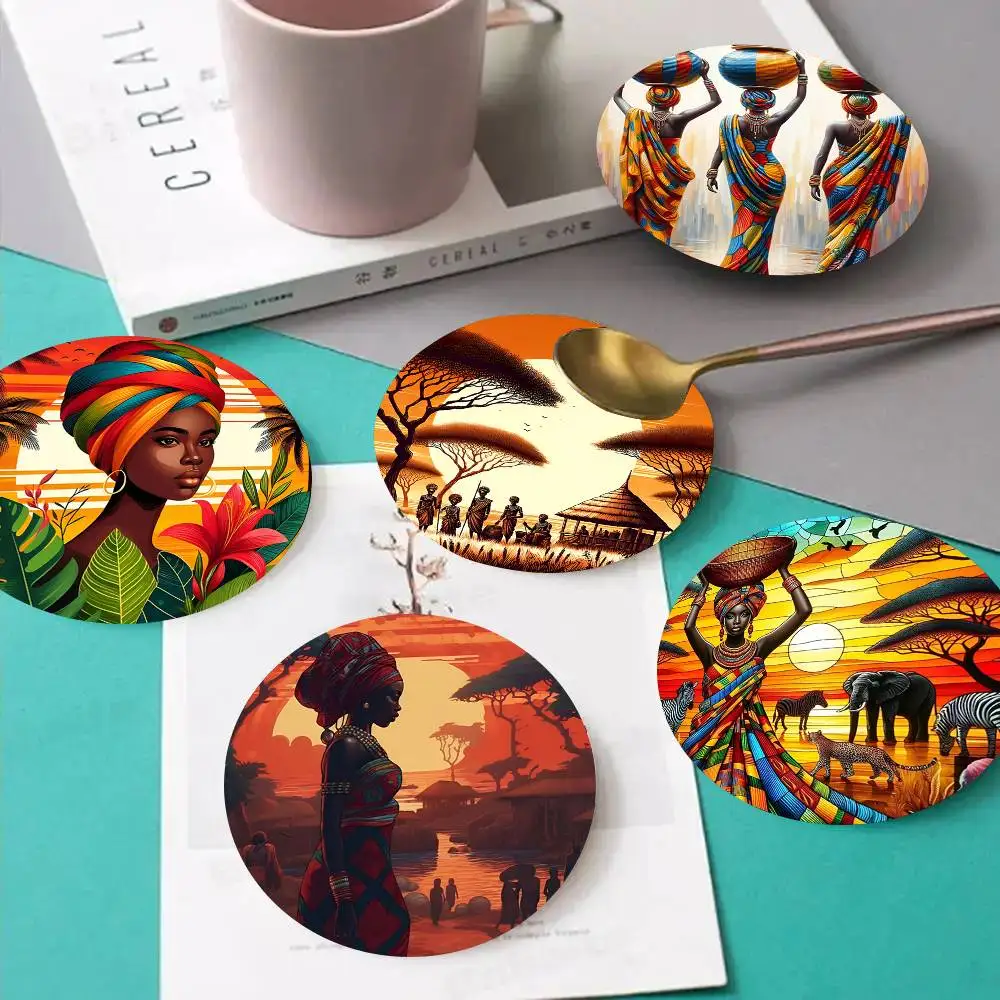 1pc Abstract Painting African Wooden Coaster Colour Printing Cup Mat Home Desk Decoration Gifts