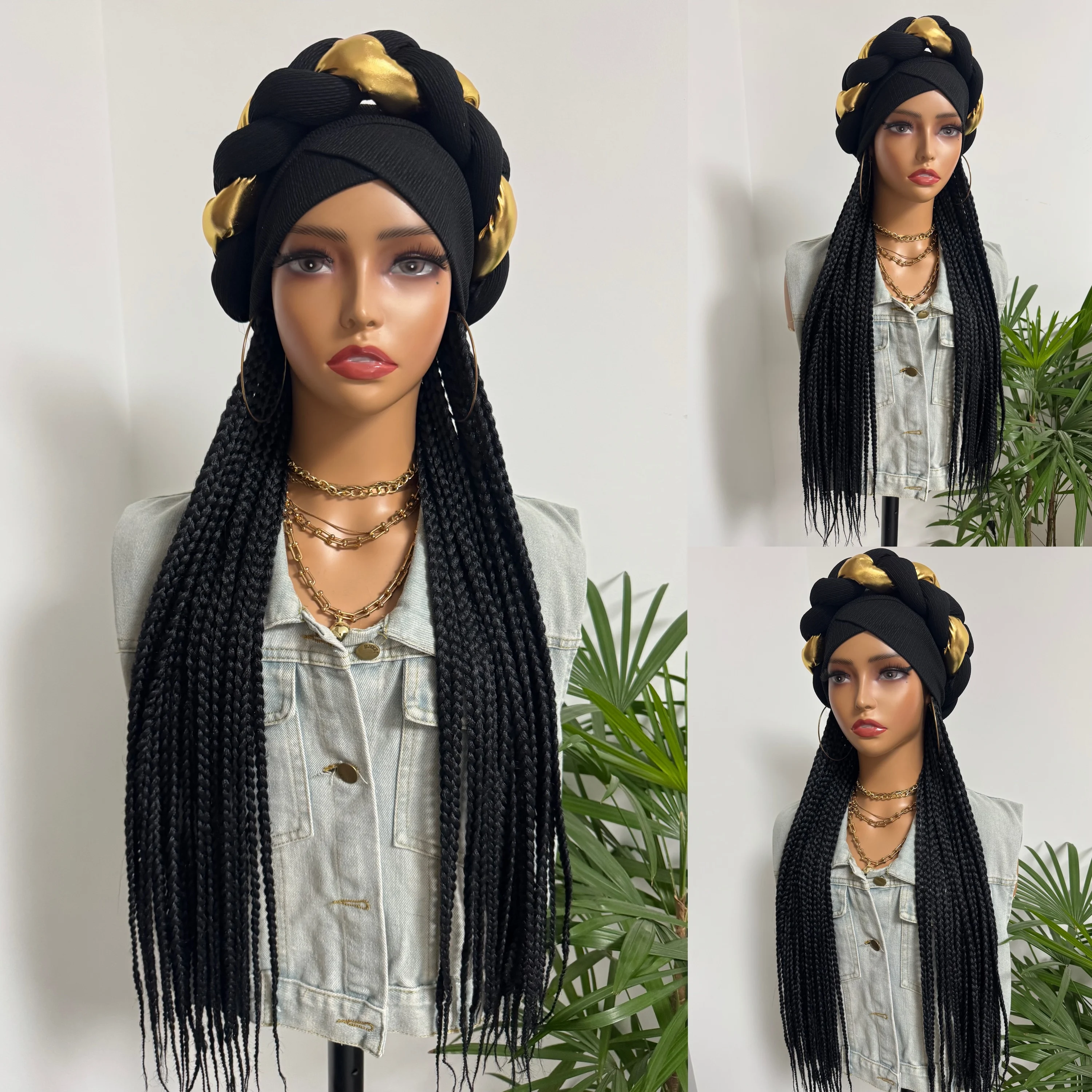 WIGERA Long 24Inch Synthetic Black Box Braided With Black Blonded Headband Turban Hat Box Braiding Hair Extensions For Women