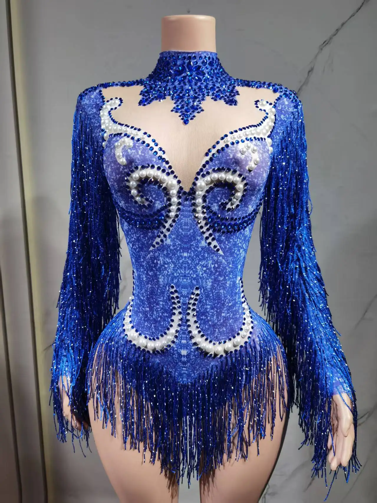 Stage Latin dance cha-cha dance practice suit stretch slim skirt fringe flash small diamond pearl design suit