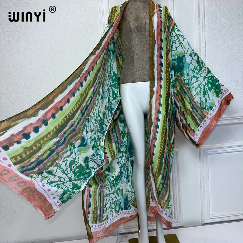 WINYI-kimono de verano para mujer, ropa de playa, vestido de bikini, cárdigan con estampado bohemio, abayas de dubai, vestido musulmán de lujo, 2024