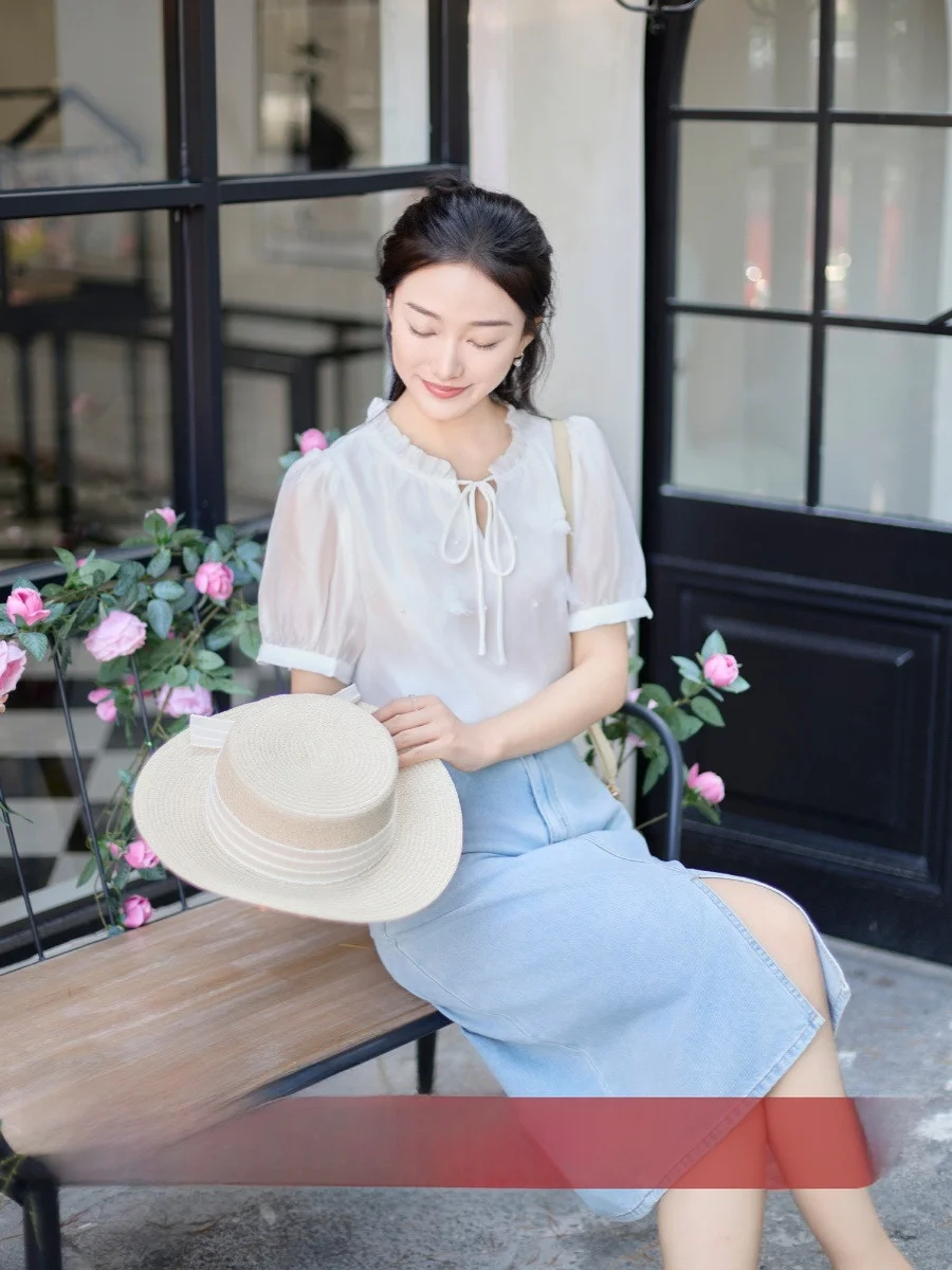 

73 French Sle Women's irt Soft Design Sensation Ear Musoom Collar Silk Button Upper Apparel Summer Thin or...