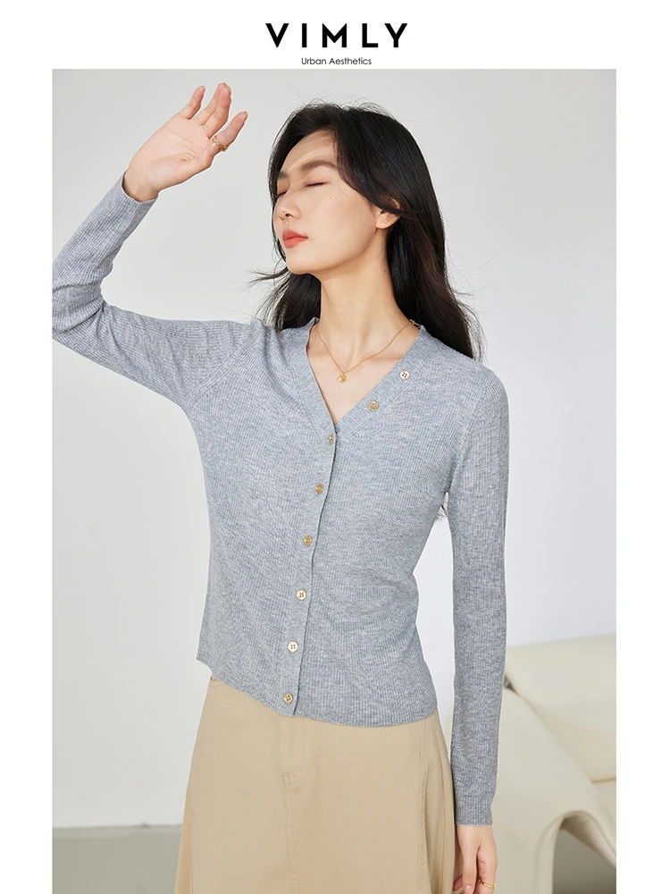 Vimly French Style V-neck Knitted Cardigans 2024 Spring New Soft Female Knitwear Slim Long Sleeve Top Women\'s Clothing 72799