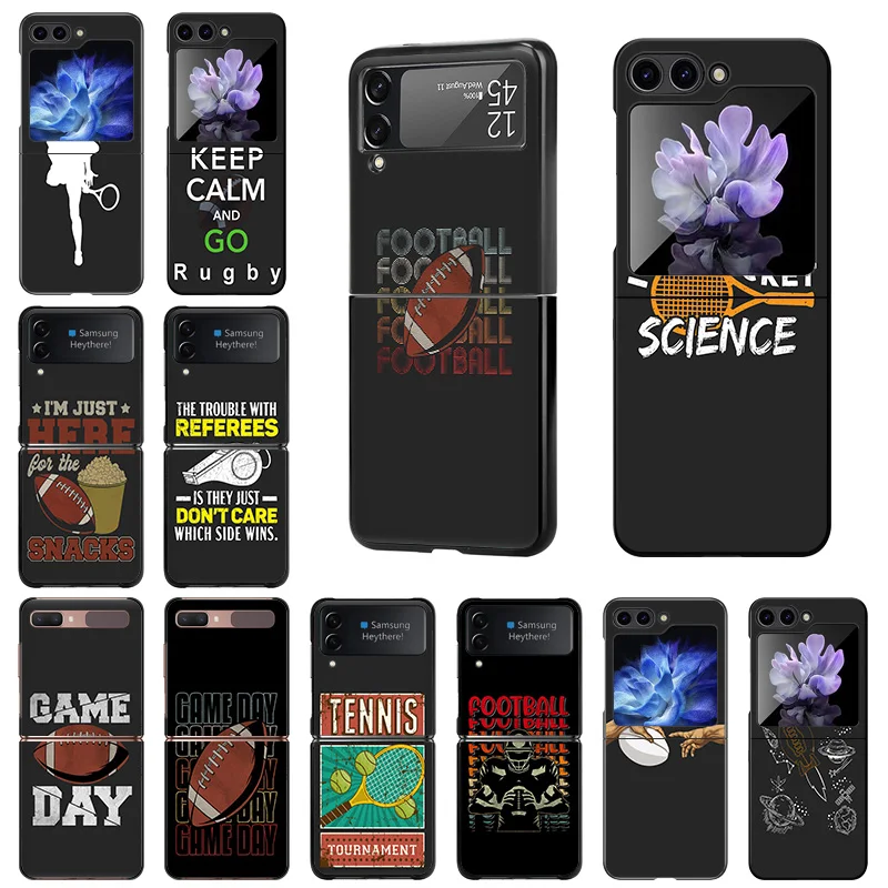 Phone Case For Samsung Z Flip 6 5 4 3 Galaxy ZFlip6 5G Flip5 Flip4 Tennis Game Football Rugby Black Hard Camera Protective Cove