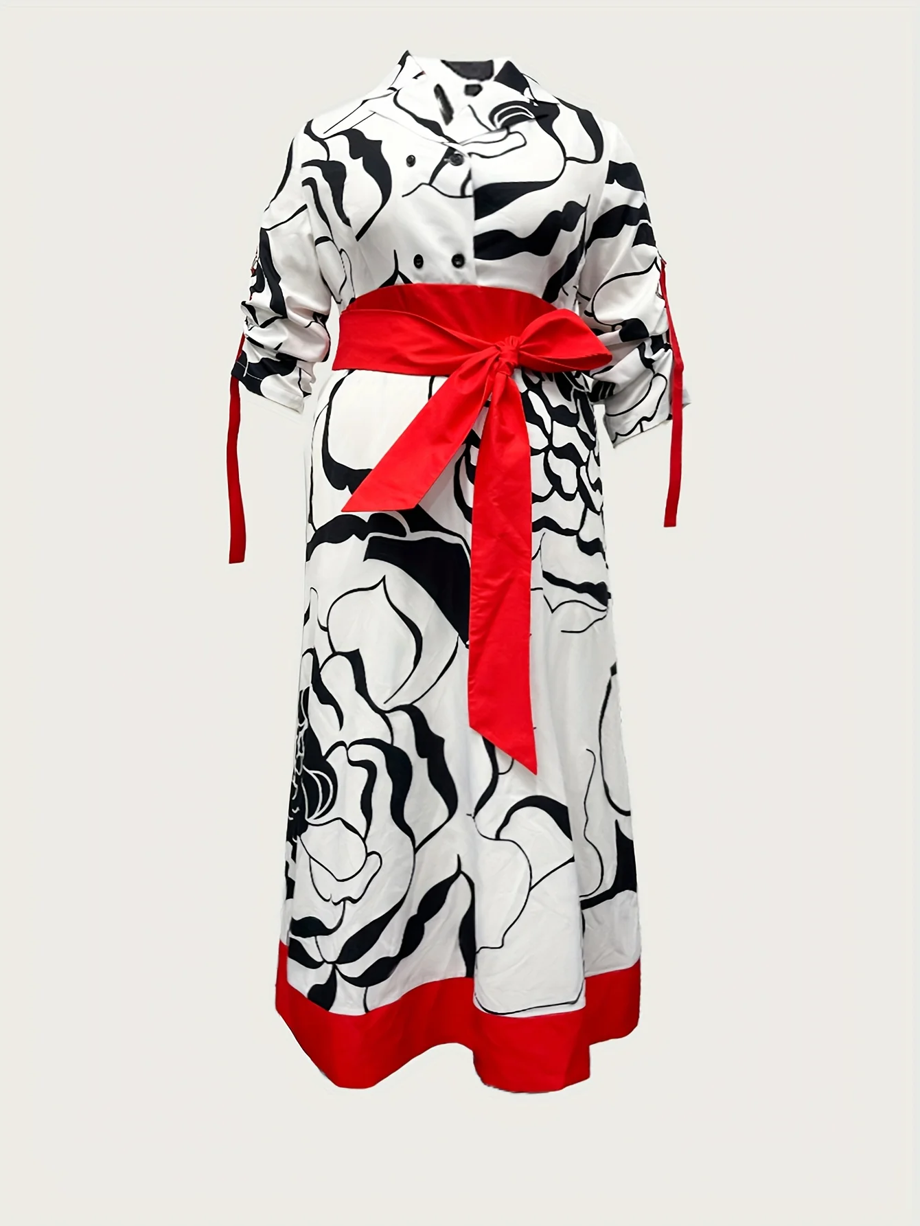 プラスサイズの抽象的な花柄プリントマキシドレスレッドディテールスプライスルーズフィットロングドレス夏のビーチでの休暇に