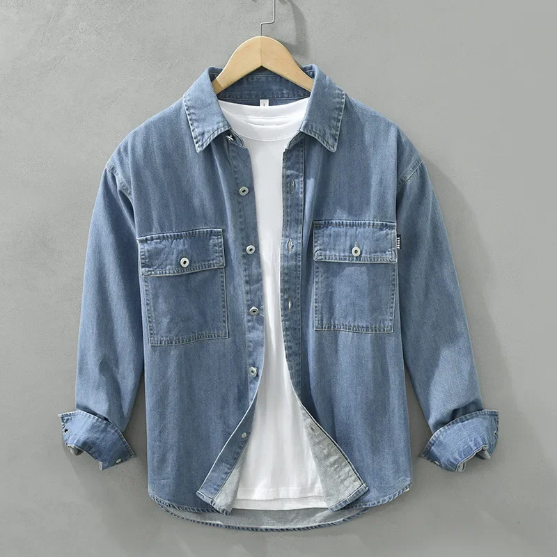 Japanese Retro Snap Button Denim Shirt Men Long Sleeve Cargo Shirt Man Double Pockets Pure Cotton Loose Shirts Casual Jean Tops