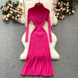 Spring Autumn Women's Dress Korean Retro Solid Color High-neck Knitted Long-sleeved Dress New Female Waist Slim Dresses E081