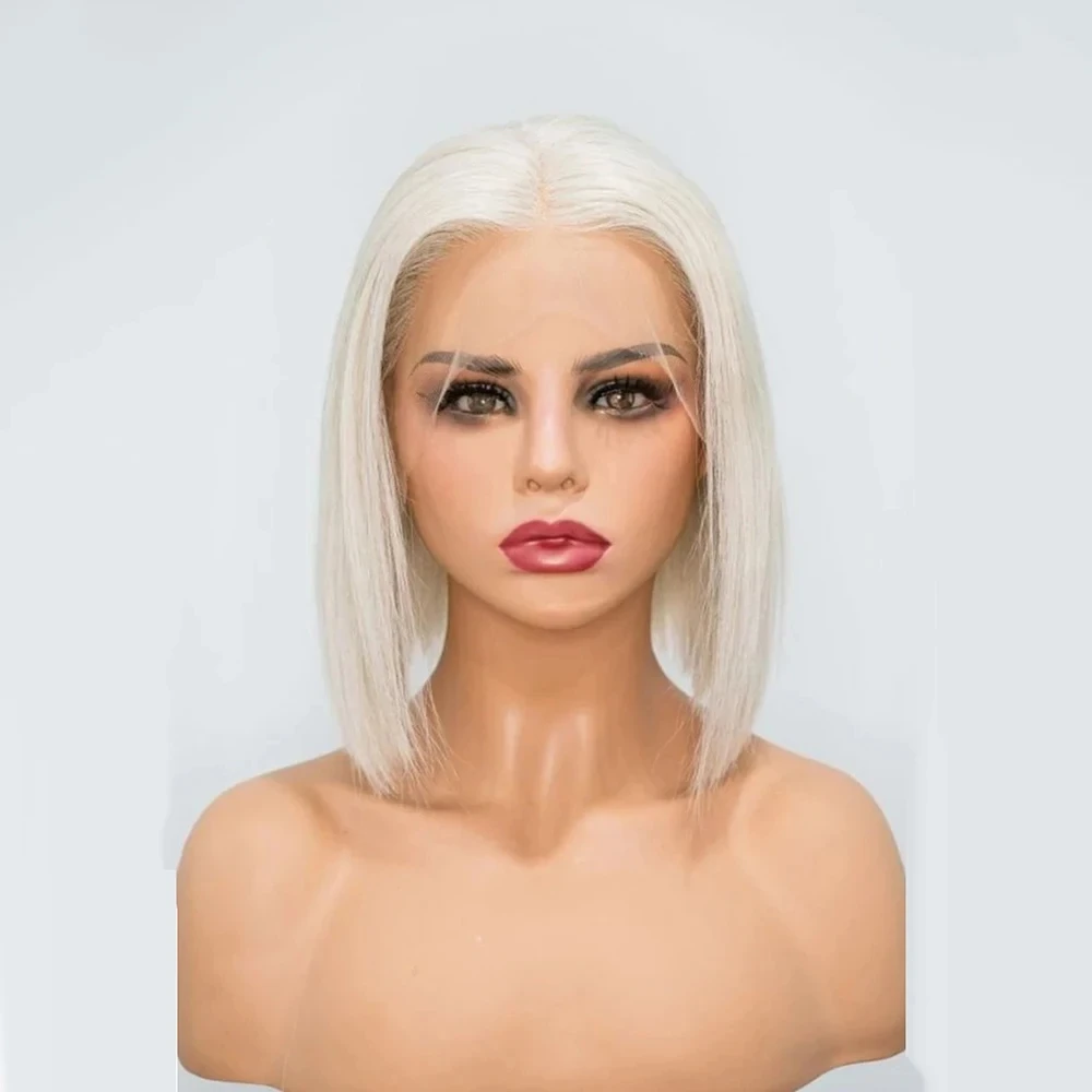 

MXWIG Platinum Blonde Bob Short Straight 13x4 Lace Front Wig Pre-Plucked with Baby Hair Synthetic Glueless Wig for Women