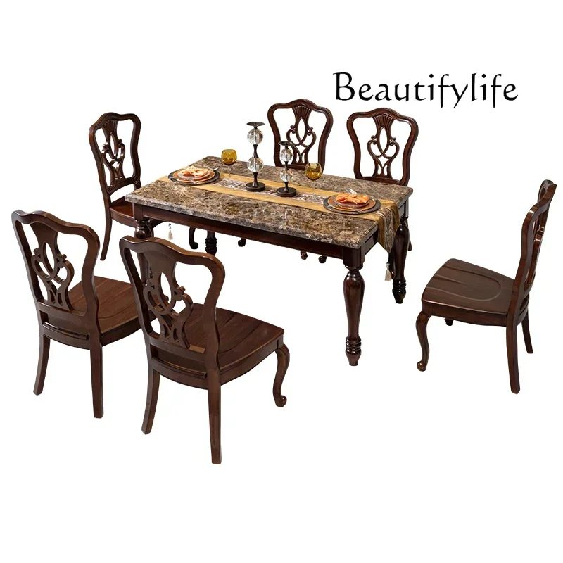 

Американский обеденный стол из массива дерева с мраморной столешницей, ореховый, для небольшой квартиры, с табуретами, в европейском ретро-стиле, прямоугольный