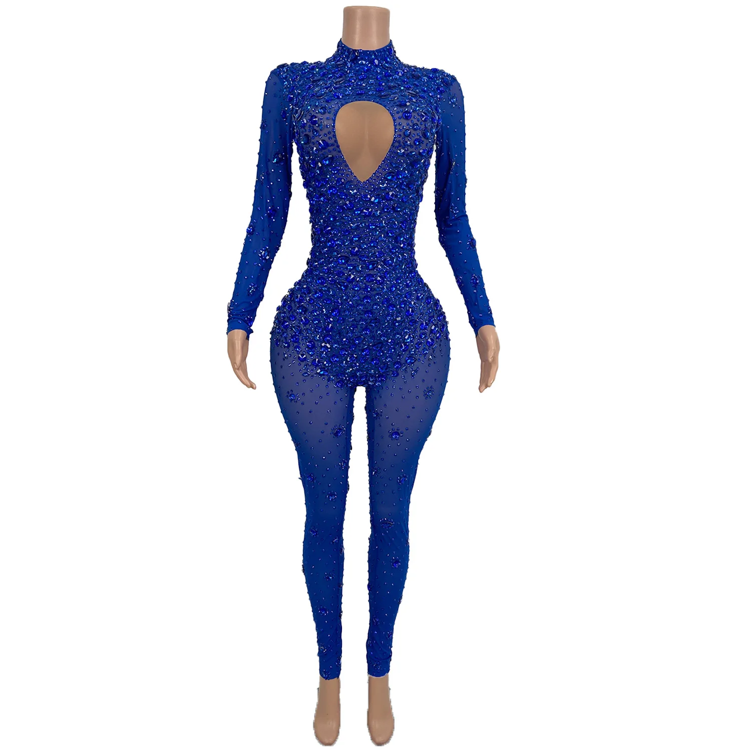 Sexy Sparkly Bodysuit Blue Crystals Rhinstones Jumpsuit Mesh See Through Diamonds Rompers Stage Birthday Dance Jumpsuit Cuican