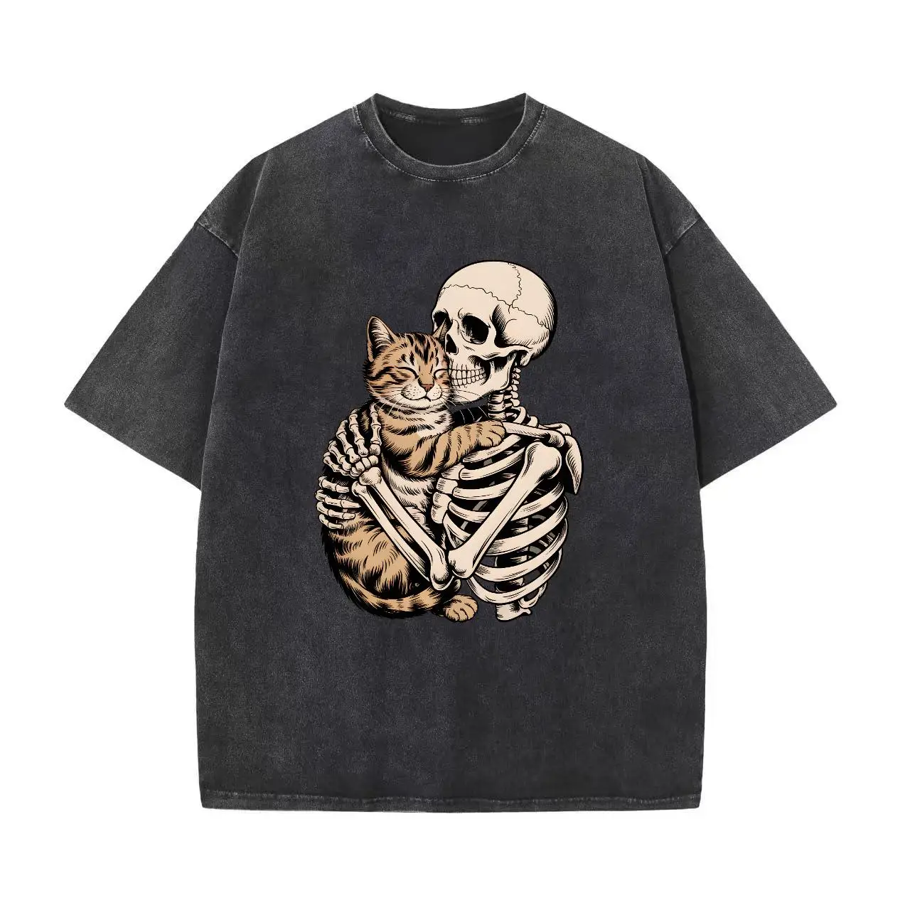 

Women Washed Oversized Skull Cat T-Shirt Gothic Pet Lover Graphic Tee Humorous Embrace Print Halloween Streetwear Casual Top Gif