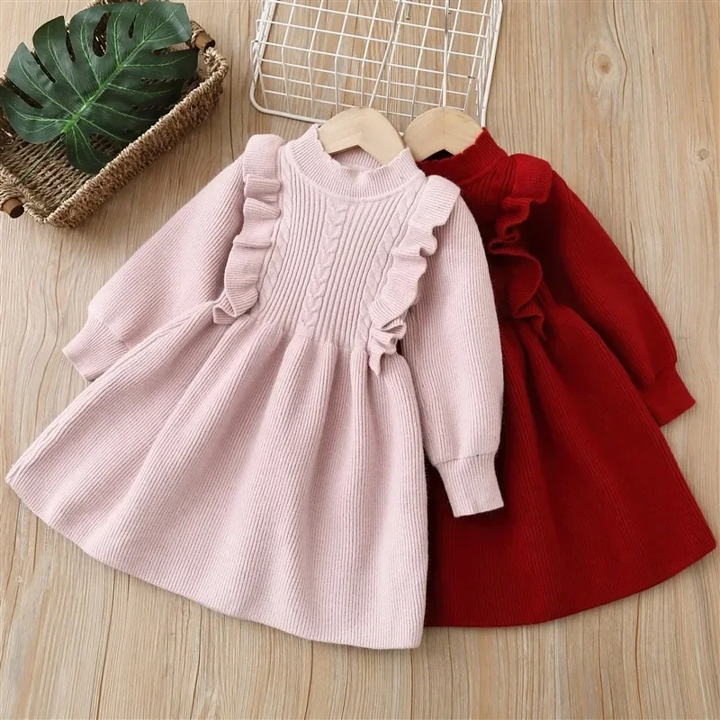 Girls Casual Dresses 2024 Winter New Collection Girls Woolen Dress Sweet  Dress Velvet Knitted Solid Color Soft Skirt