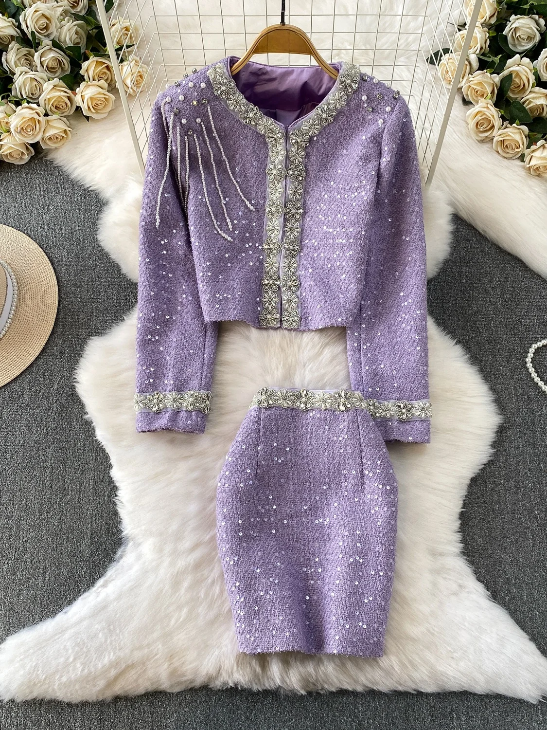 

Ele European Sle Юбка с пайетками и джатовый комплект Женская модная утягивающая круглая верхняя одежда Ne Heavy Embellied