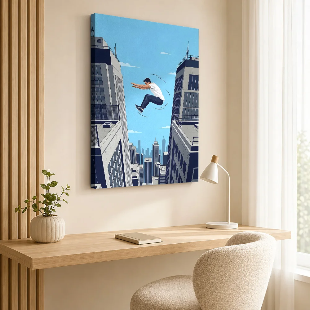 Man jumps between skyscrapers Framed Canvas Poster Customized Sports Portrait Canvas Wall Art for Man Cave Decor Ready to Hang