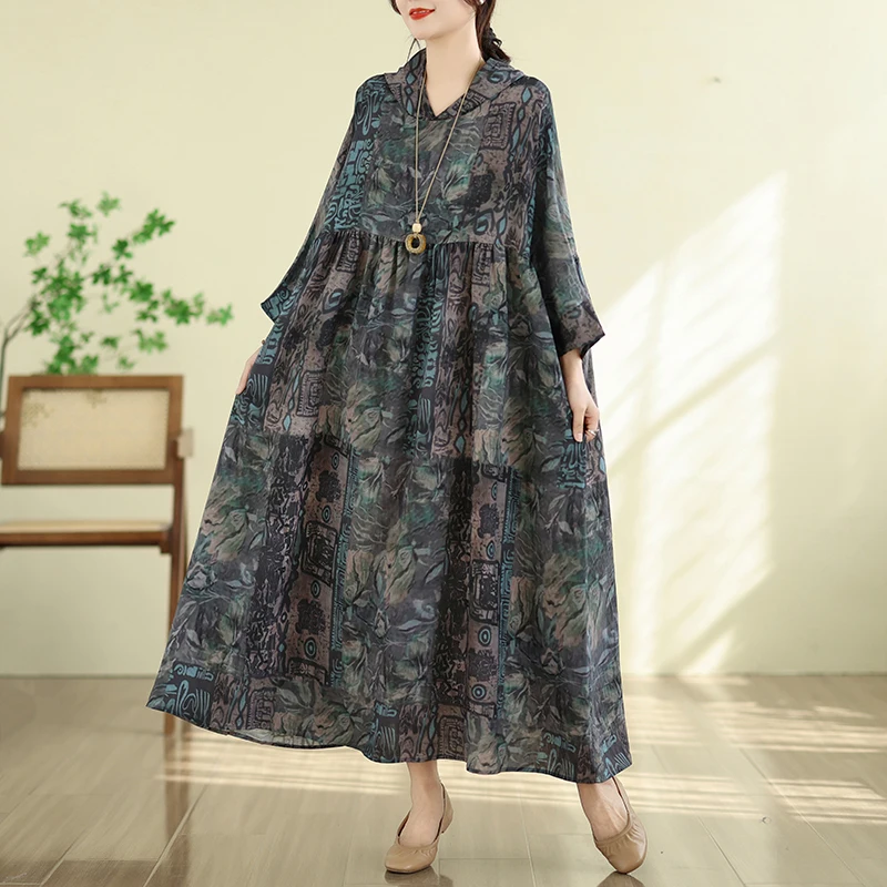 

Summer New Vintage Gentle Style High End Cloud Silk Cotton Linen Hooded Printed Dress plus Size Women's Commute Loose Waist L...