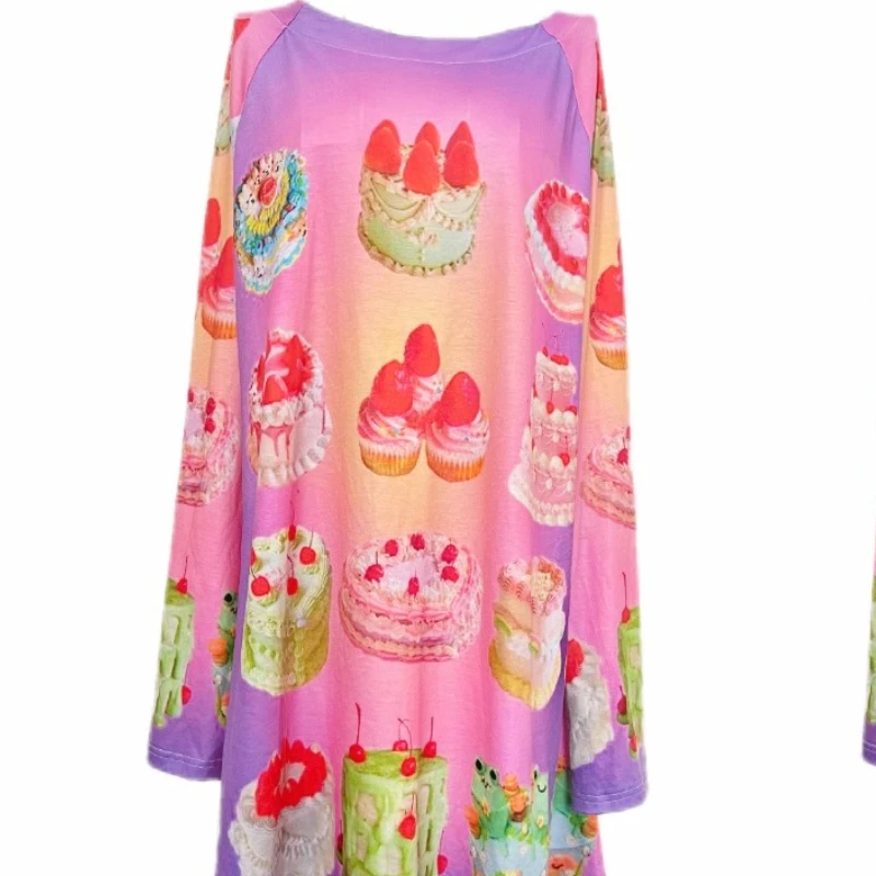 Design originale Y2K Dolce Fresco Colthing da donna Torta giapponese Stampa Manica lunga Allentato Dimagrante T-shirt che riduce l'età Abito da donna