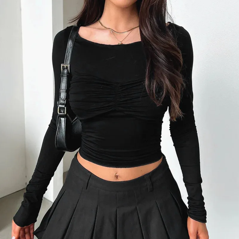 Pleated Casual Long Sleeve T-shirt Top Female Slim Cropped Patchwork Solid Fashion High Waist Pullover Women's Summer Tee
