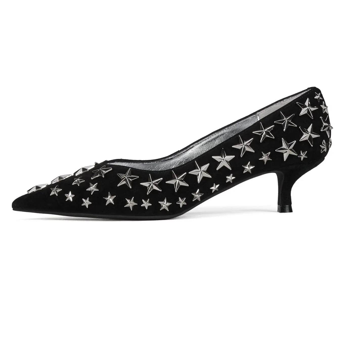Summer New Women's Red/Black Suede Star Studs Decor Pumps Pointed Toe Kitten Heel Fashion Casual Street Style High Heels