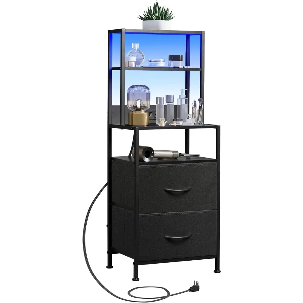 

Nightstand with Charging Station, LED Night Stand with 2 Drawers and 4 Storage Open Shelves, Fabric Dresser for Bedroom, Black