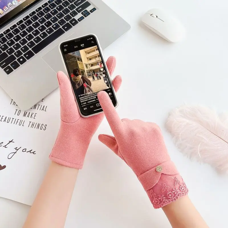 Women Winter Keep Warm Plus Cashmere Touch Screen Luxury Sexy Drive Cycling Gloves Elegant Elasticity Soft