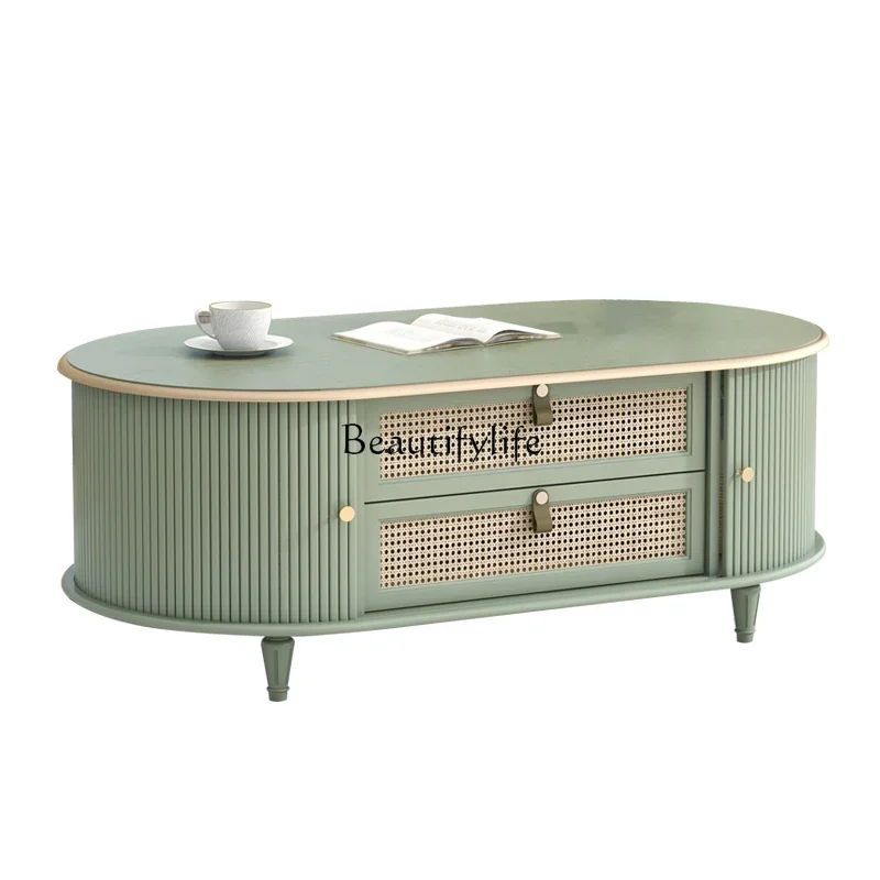 

XX39Natural rattan coffee table living room oval Japanese simple rolling shutter door low table