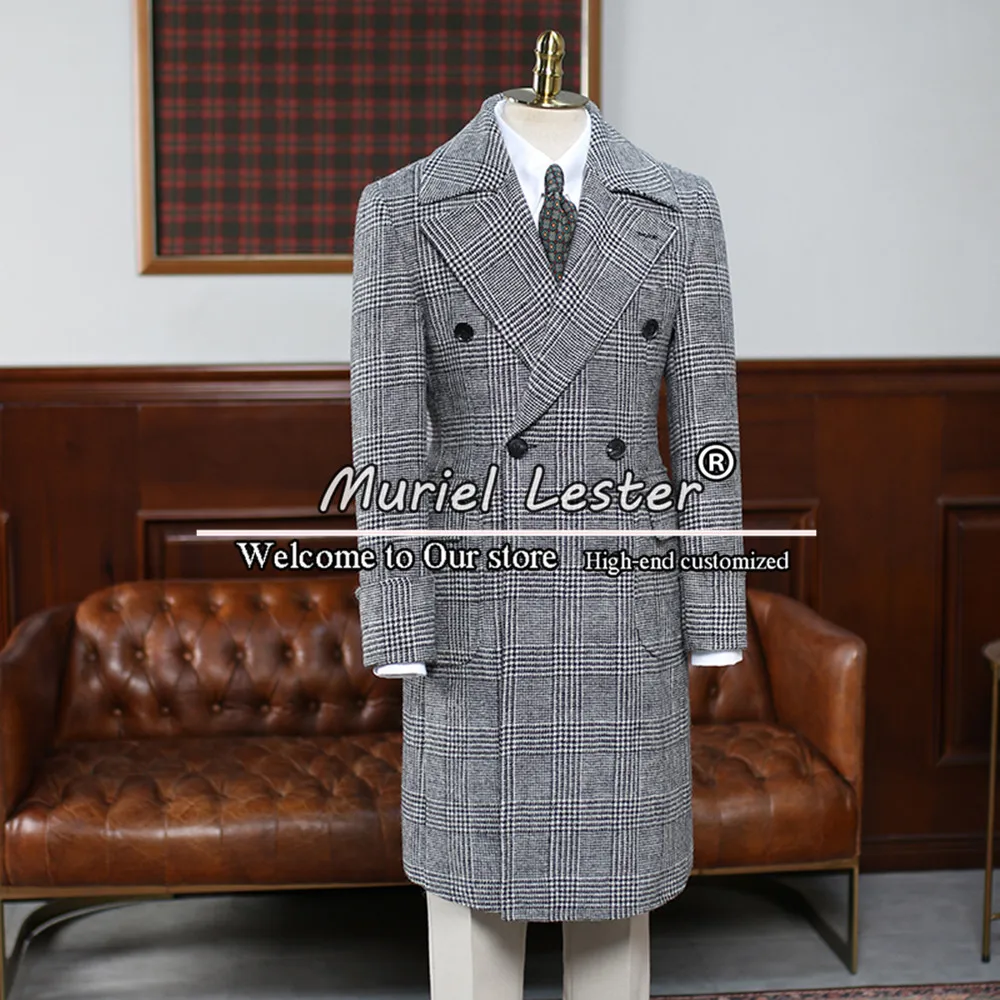 

Autumn/Winter Suit Jacket Smart Casual Grey Plaid Check Tweed Wollen Trench Coat Men Custom Made Double Breasted Overcoat Long