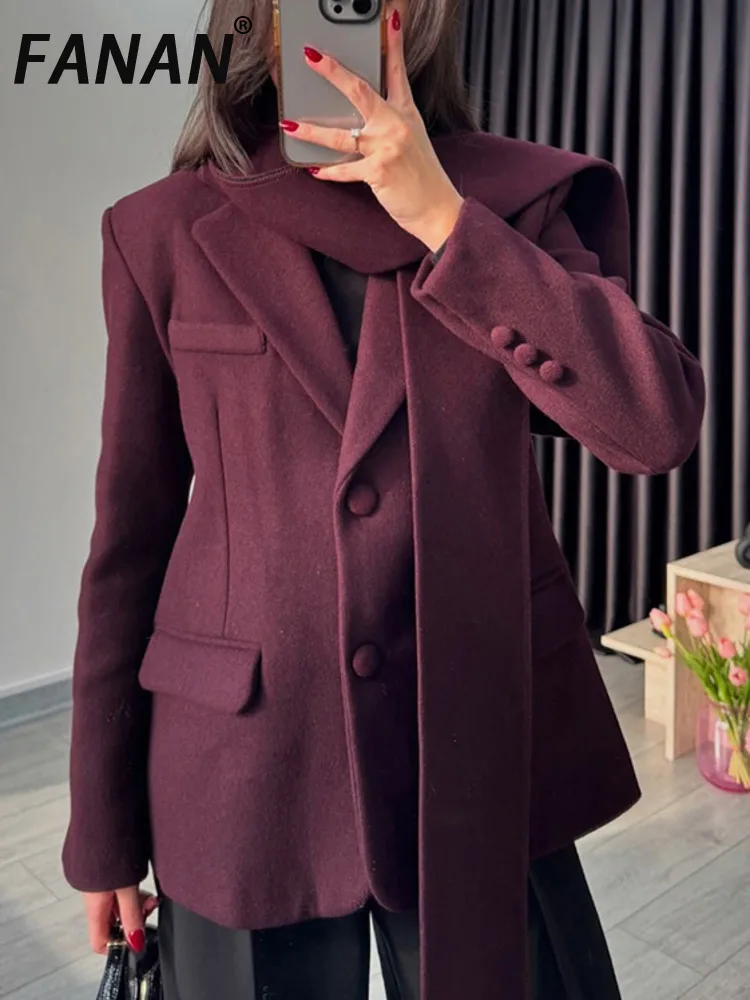 FANAN Women's Fashion Burgundy Scarf Collar Blazer Coat Elegant Pocket Long Sleeve Loose Coat Chic Lapel High Street Blazer