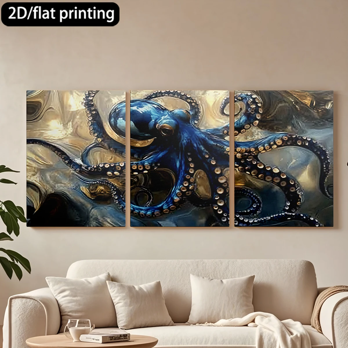 

Three-panel decorative canvas paintingBlue octopus artwork, global shoppers.