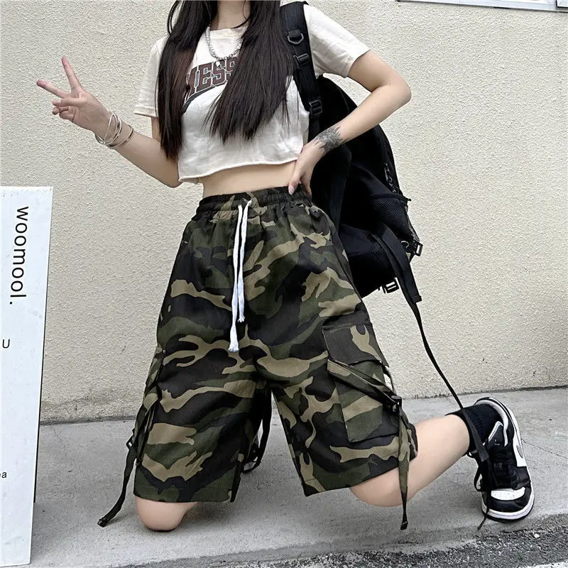 Streetwear Fashion Women Cotton Cargo Camouflage Shorts Summer New Harajuku Vintage Elastic High Waist Loose Sports Short Pants