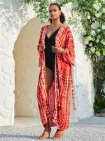 Traje de baño largo tipo kimono para mujer, elegante traje de baño con tinte anudado y frente abierto para playa