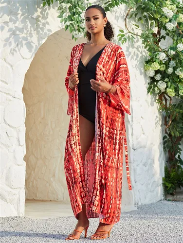 Imagen 1 del producto Traje de baño largo tipo kimono para mujer, elegante traje de baño con tinte anudado y frente abierto para playa