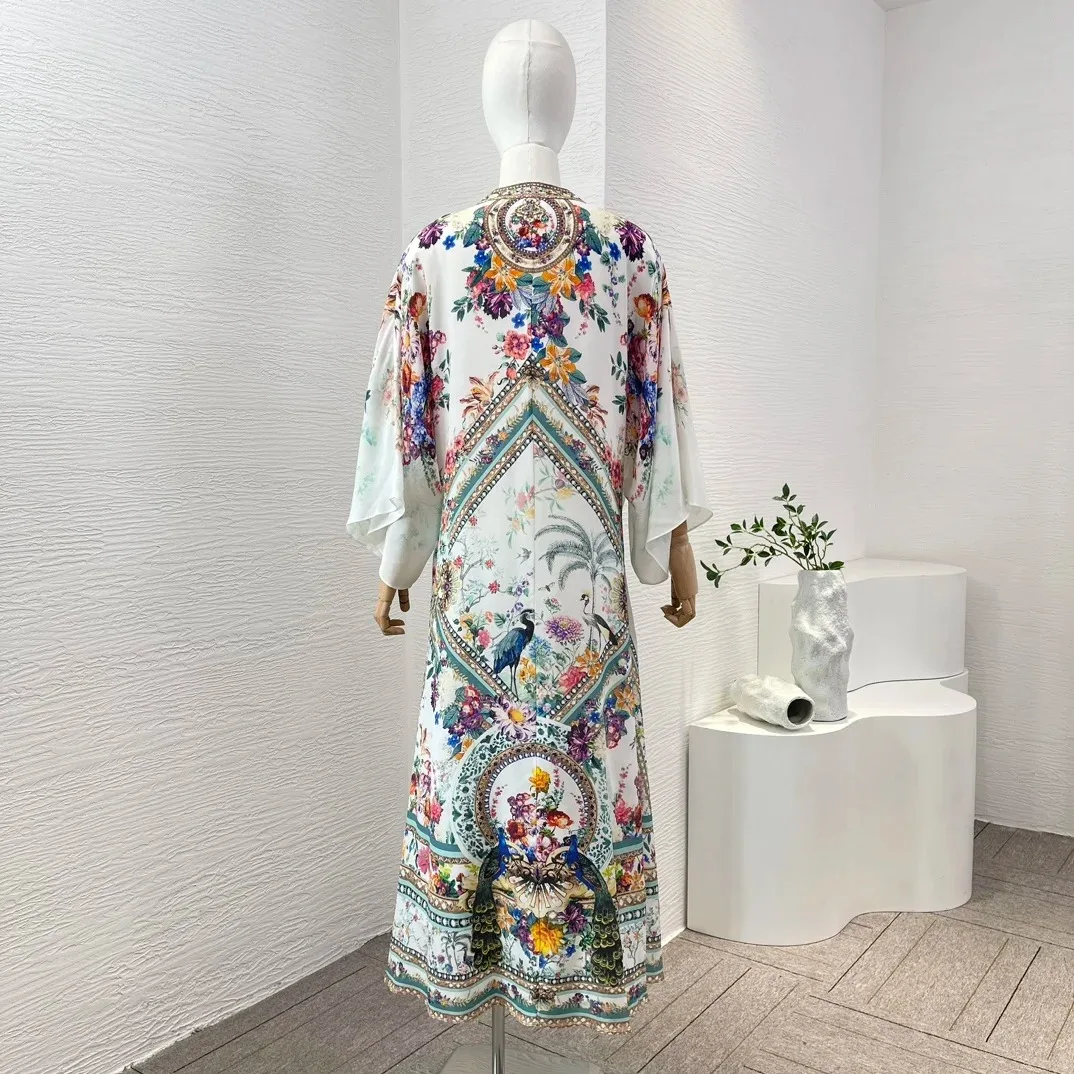 Silk 2024 Summer New White Floral Peacock Print Vintage High Quality Women Long Sleeve Diamonds Pressed V-Neck Belt Midi Dress