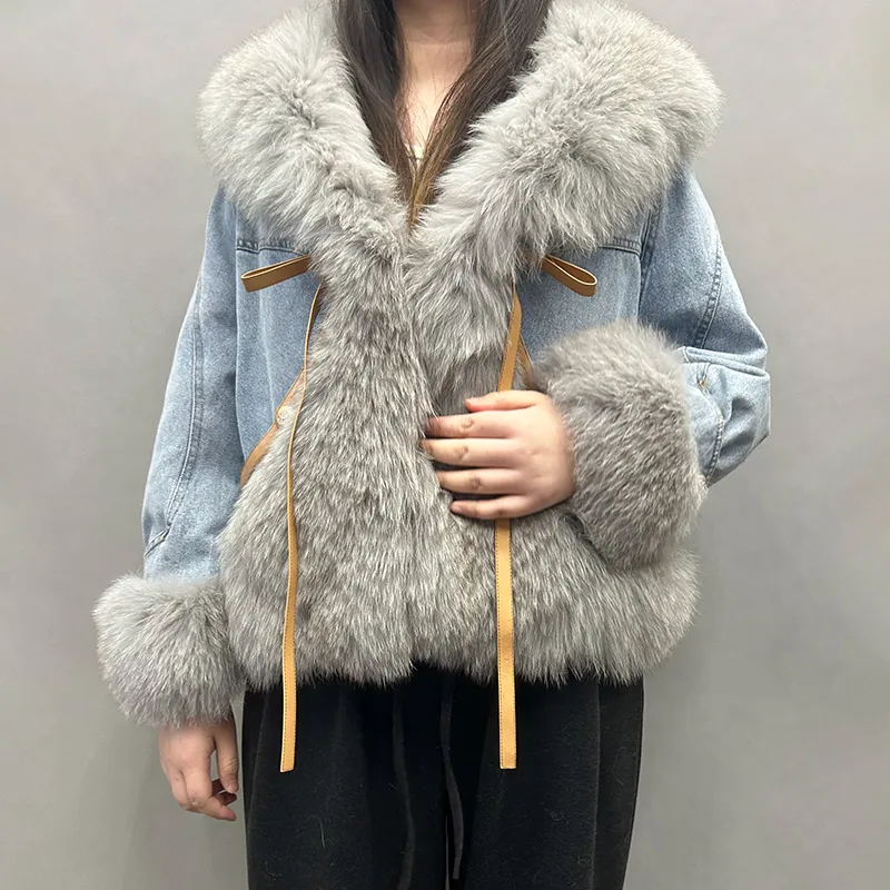 Cappotto invernale da donna in piumino di jeans con piumino d'oca, grande colletto in vera lana, capispalla da donna, cappotti imbottiti caldi e spessi