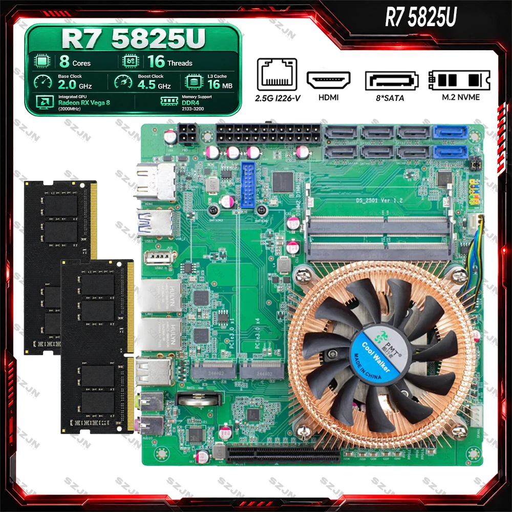 Mini ITX Ryzen 7 Nas Set with 5825U Series DDR4 Max 64GB 2*2.5G I226-V Support 2*M.2 MVME 8*SATA3.0 Firewall Soft Router NAS Kit