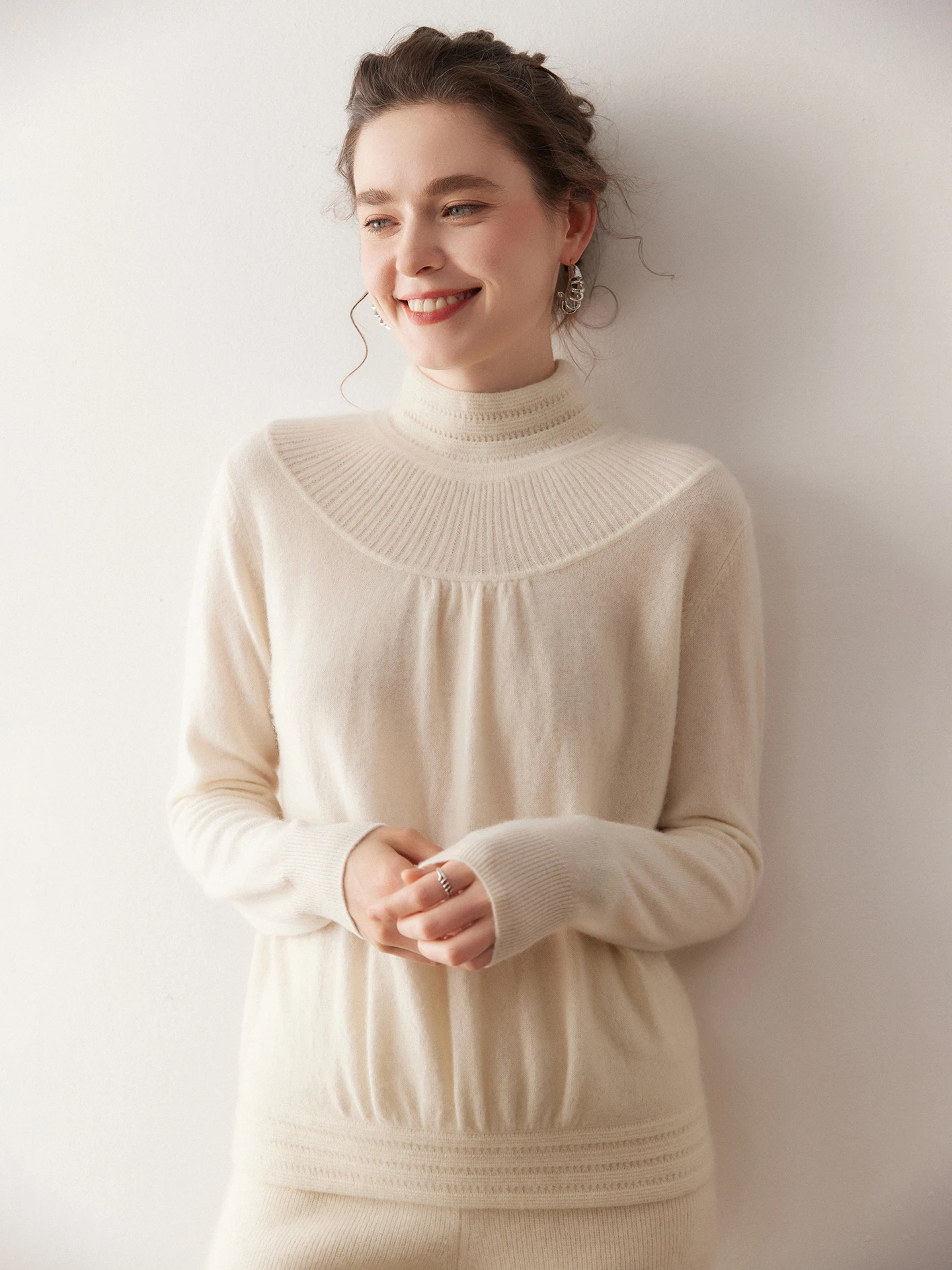 

Chic Mock Neck Solid Exquisite Hollow Out Sweater 100% Cashmere Women's Autumn Winter Elegant Comfort Warm Soft Clothing Tops