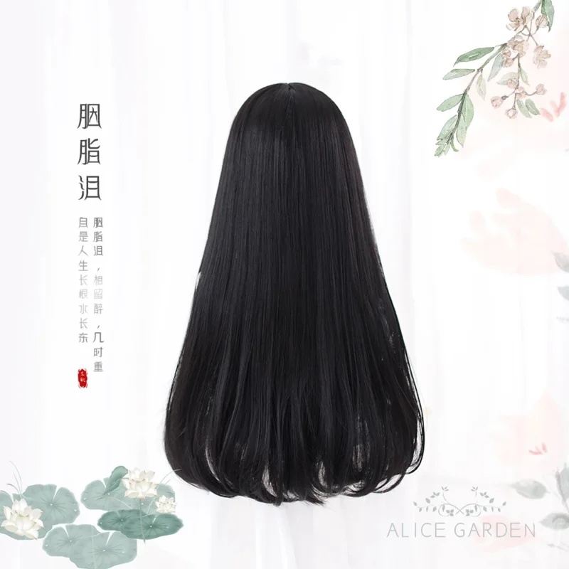 Parrucca sintetica nera lunga e dritta per donna con frangia parrucche Lolita Cosplay nere capelli naturali resistenti al calore
