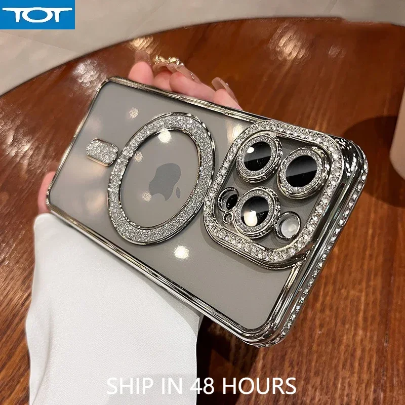 Luxury Glitter Magsafe Phone Case For IPhone 11 12 13 14 15 16 Pro Max Plus Transparent Magnetic Bumper Diamond Cover Ca
